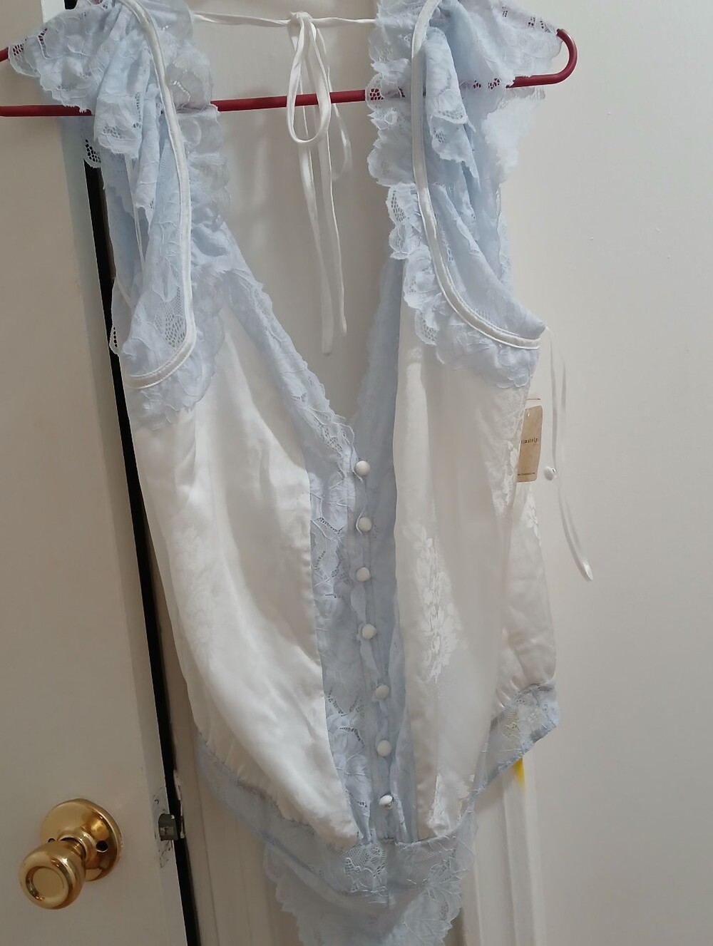 Elegant White and Light Blue Lace-Trim Chemise Bodysuit
